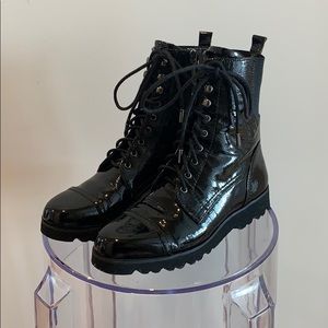 Donald J. Pliner Black Patent Leather Combat Boot